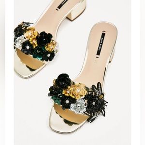 ZARA BEADED VAMP AND HEEL SANDALS, GOLD BLOCK HEEL, SIZE 6, NWT